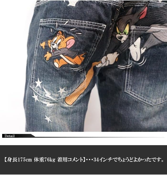 バンソン トムとジェリー 刺繍 デニム ジーンズ ヒッコリー 濃紺 34
