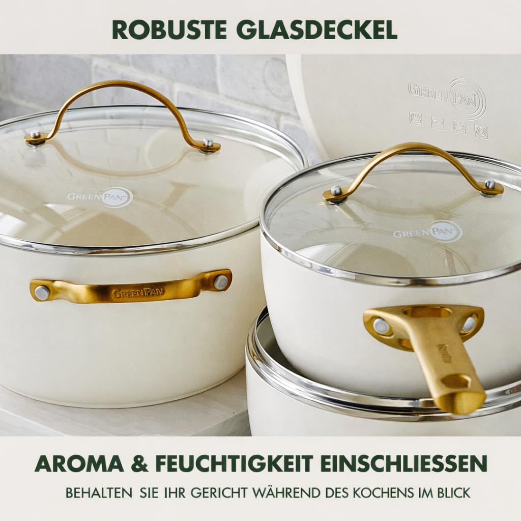 GreenPan Reserve Harteloxierte Gesunde Keramische Antihaft-Kochgeschirre,10-teilig,Mit Bratpfannen,Sautierpfanne und Bratentopf,Goldgriff,PFAS-frei,Induktion,Backofenfest,Spülmaschinenfest,Cremeweiß