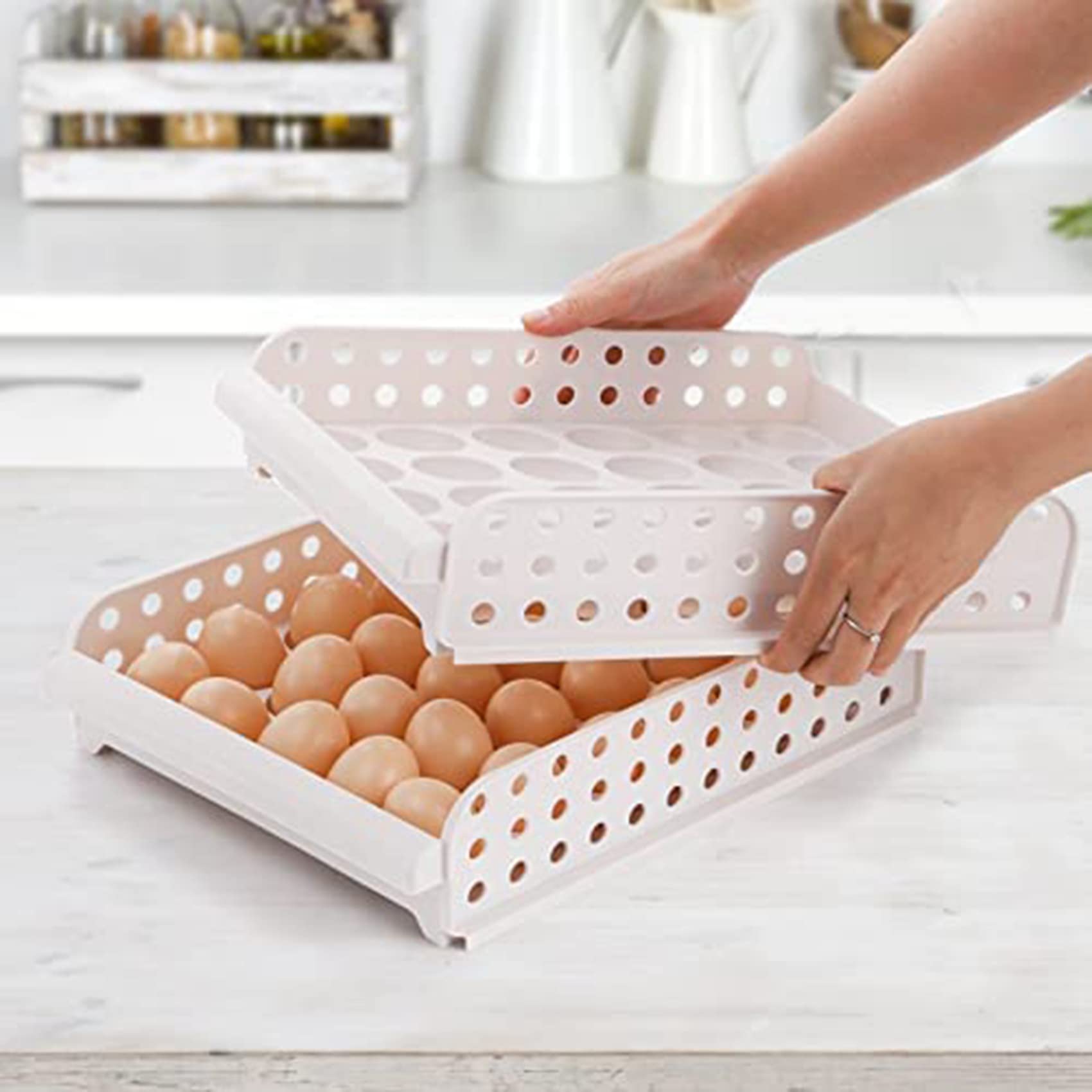 DINESA Contenedor de almacenamiento apilable de 2 capas, bandeja de huevos frescos de plástico de gran capacidad