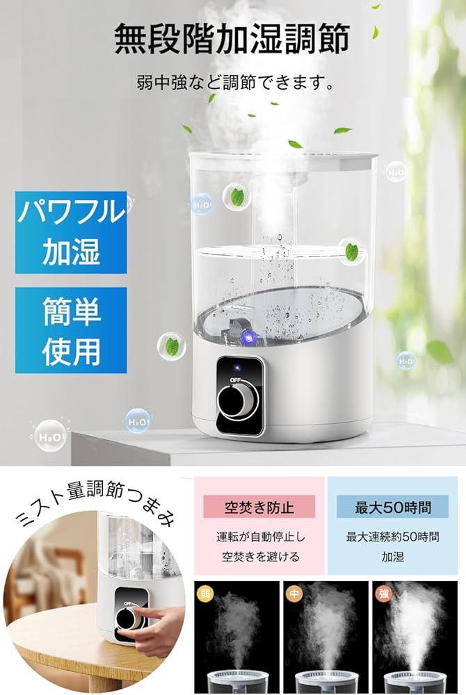 マイナスイオン搭載 大容量5Lの加湿器 3段階加湿量調節 Amazon.co.jp: 加湿器 大容量 5L 【2024年新登場・3重除菌】 超