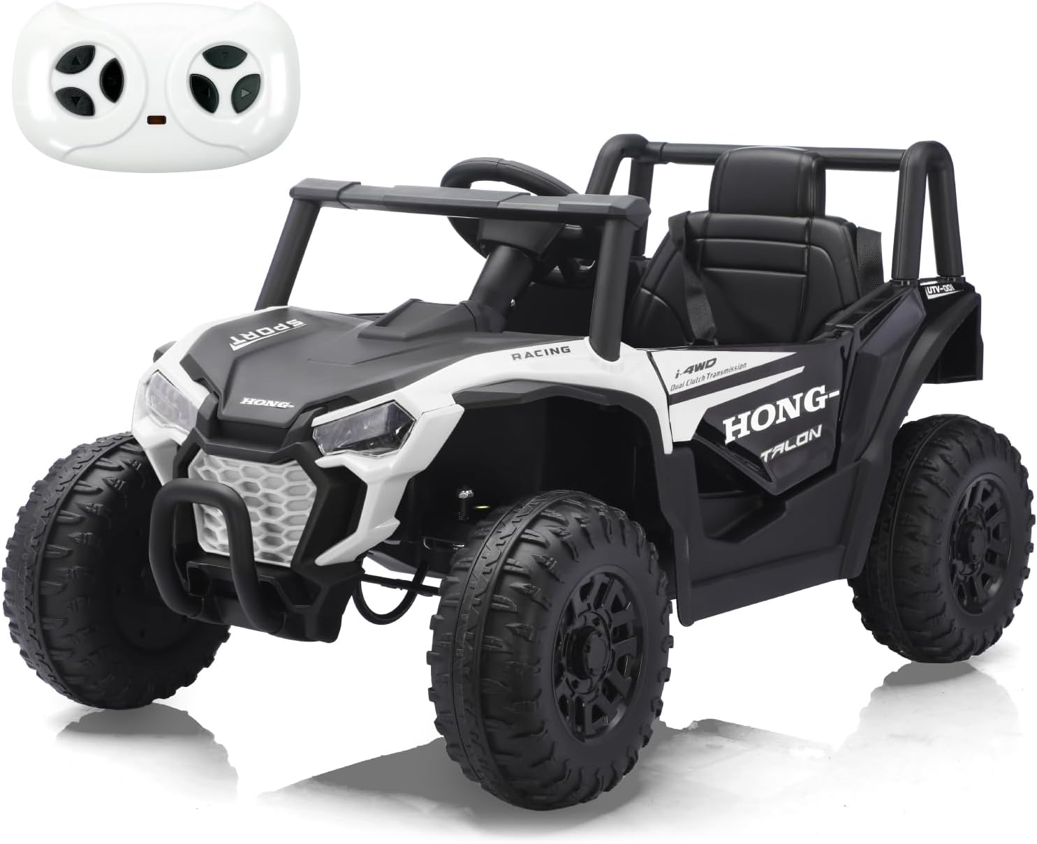 TCARAIWEN 12V Electric UTV Car with Remote Control, Ride on Vehicles, LED Headlights, Ride on 4 Wheels with Spring Suspension, Music, Horn for 3 Years, White