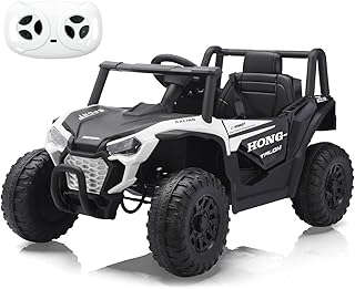 12V Electric UTV Car with Remote Control, Ride on Vehicles, LED Headlights, Ride on 4 Wheels with Spring Suspension, Music, Horn for 3 Years, White