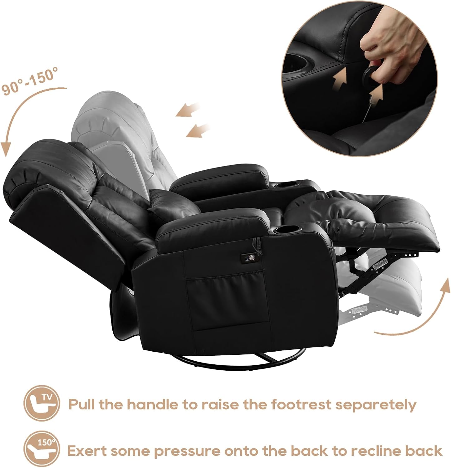 IPKIG Swivel Recliner Chair | Set of 2 Recliner RV Sofa with Swivel |Faux Leather Reclining RV | RV Theater Seats |RV Theater Seating | RV Furniture, Manual Recliner Chair (Black-Swivel Recliner)