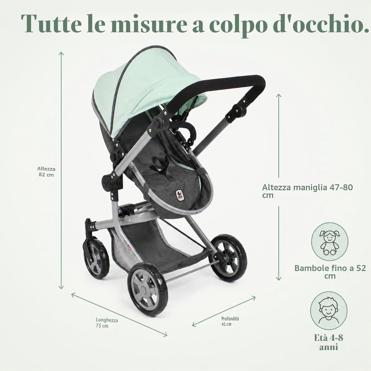 Bayer Chic 2000® Passeggino per bambole Mika 2 in 1, Melange Minta, pieghevole, manico regolabile in altezza 47-80 cm, telaio moderno, bambole fino a 52 cm, 4-8 anni
