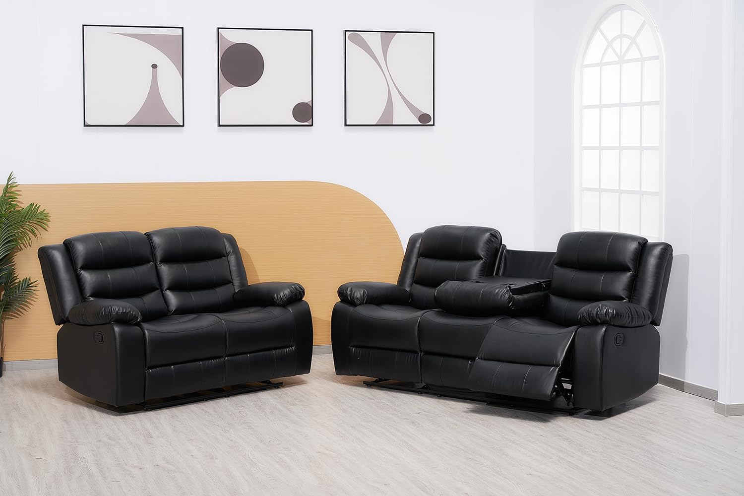 Black Faux Leather Manual Recliner 3+2 Seater Sofa Set with Dropdown Table & Cupholders - Recliner Sofa Set For Living Rooms (3+2 Set)