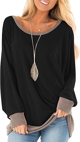 Fallorchid - Camisetas de manga larga para mujer, cuello redondo, casual, con bloques de color