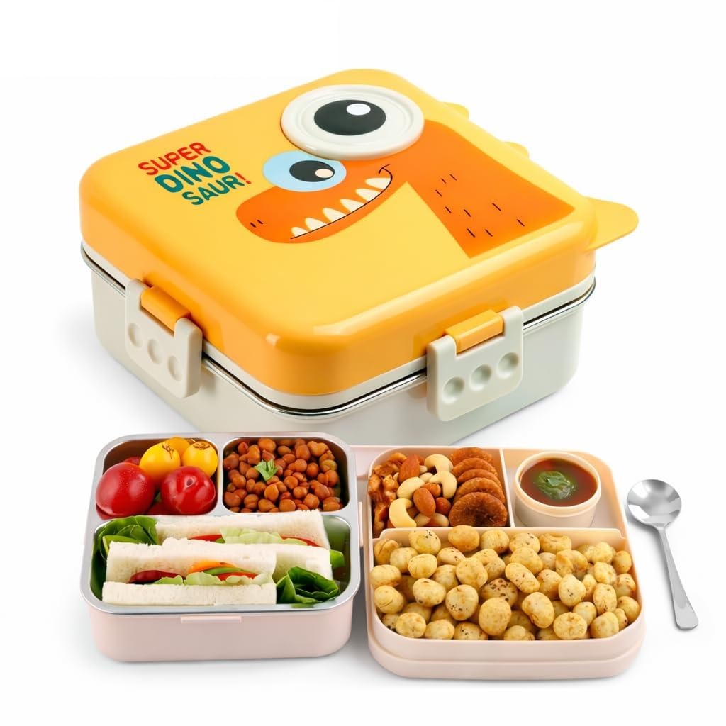 TEC TAVAKKAL Super Dinosaur Yellow Kids Lunch Box – Stainless Steel Insulated Tiffin for School with Spoon, BPA-Free | Leak-Resistant Bento Box with Tray & Container | 1120ml + 70ml (Dinosaur, Yellow)-image-7