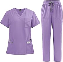 Scrubs for Women Set Stretch V-Neck Scrub Tops & Cargo Pant Quick Drying Solid Medical Nurse Uniform with Pockets