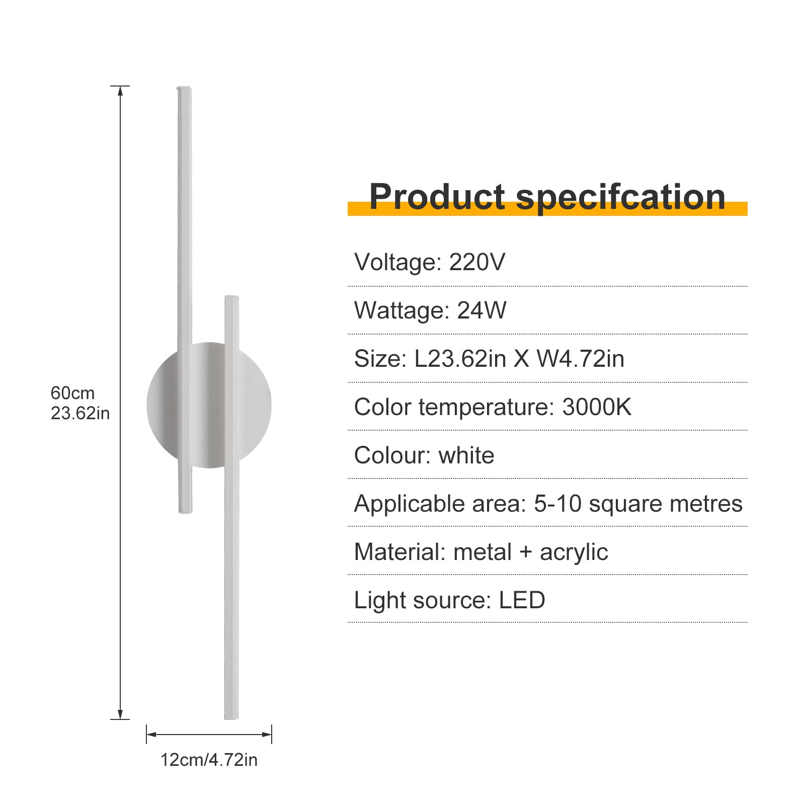 Comely Nowoczesny Kinkiet LED, 24W 2700LM Biały Wewnętrzny Kinkiet LED, 60CM Lampa Ścienna LED Do Sypialni, Salonu, Jadalni, Korytarza, Schodów, Ciepła Biel 3000K