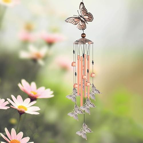 Miniatura 9 de Campana de viento de mariposa para exterior, 34 pulgadas de longitud, campanilla de viento de mariposa conmemorativa con 4 tubos grandes de aluminio