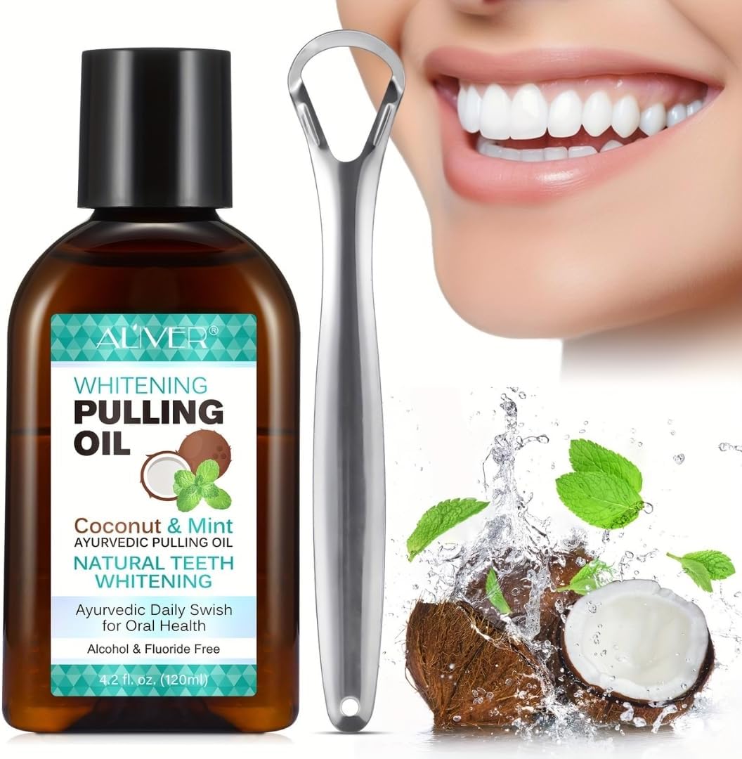 NIKITA.VIVI Coconut Oil Pulling Whitening Mouthwash 120ml, Coconut Oil & Peppermint Teeth Whitening Oil Pulling Mouthwash with Tongue Scraper, Natural Coconuts Oils Pulling for Healthier Teeth & Gum
