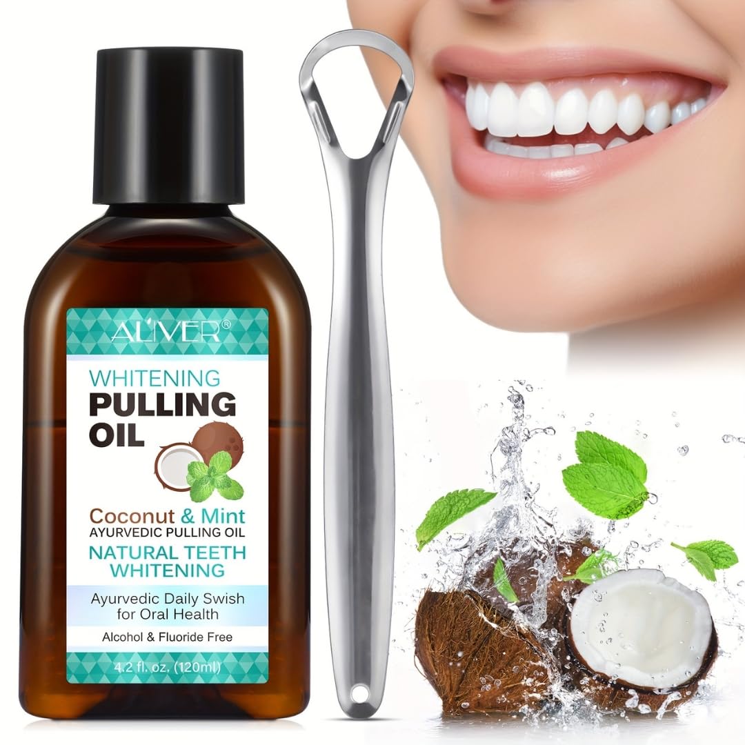 NIKITA.VIVI Coconut Oil Pulling Whitening Mouthwash 120ml, Coconut Oil & Peppermint Teeth Whitening Oil Pulling Mouthwash with Tongue Scraper, Natural Coconuts Oils Pulling for Healthier Teeth & Gum