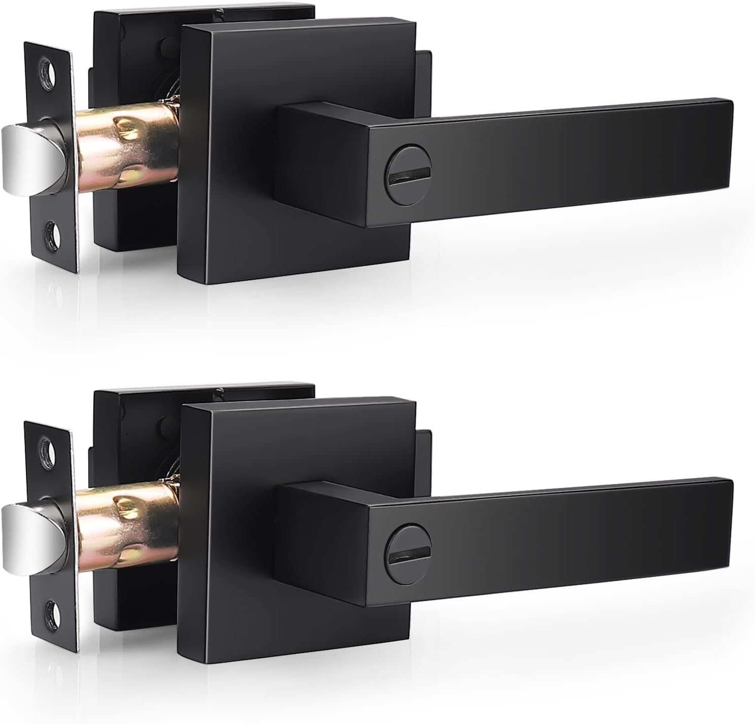 Probrico Square Privacy Door Levers Matte Black for Bed Bath(2Pack) and Black Heavy Duty Keyless Passage Door Handle Lock for Hallway Closet(2Pack)