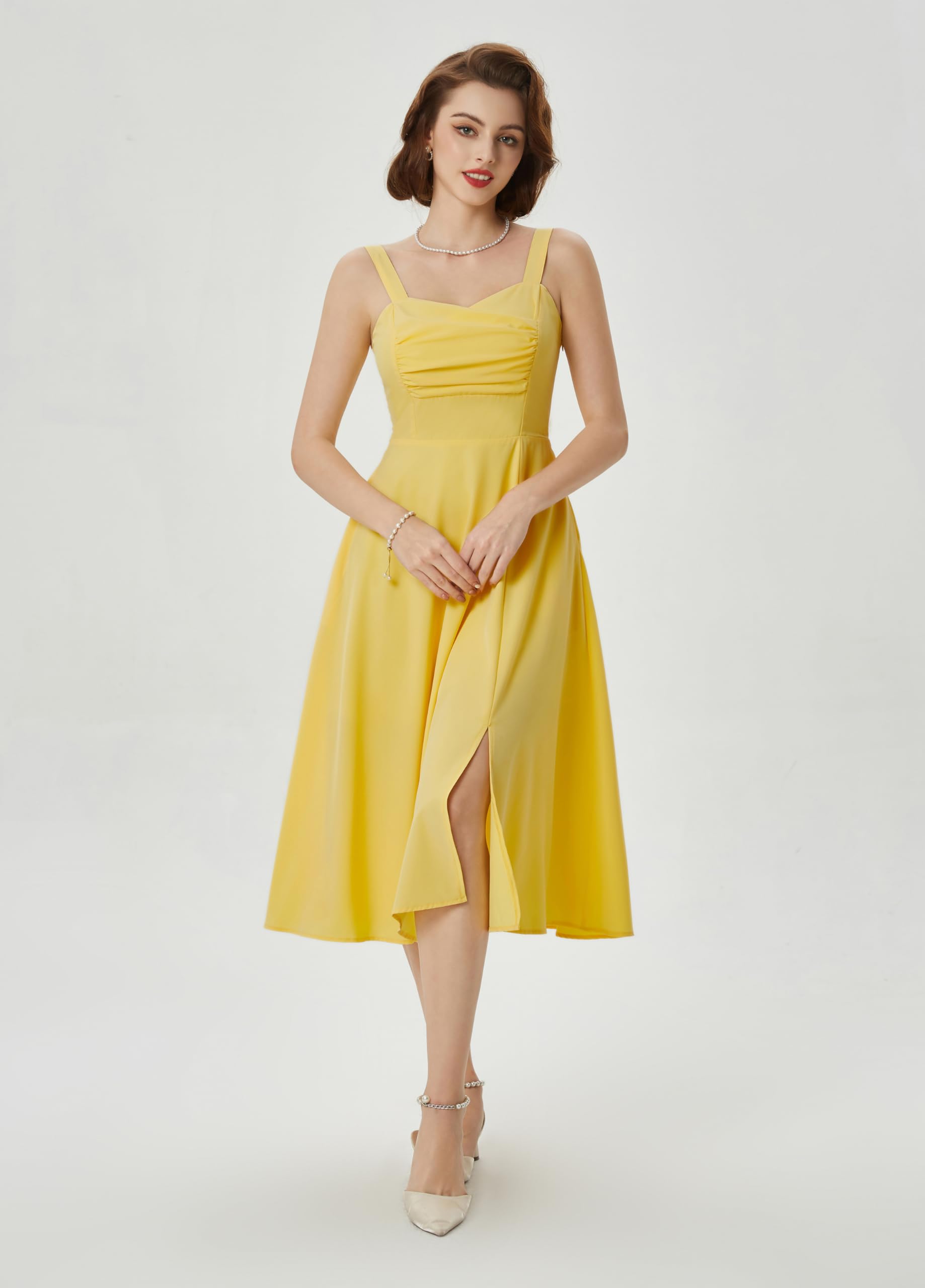 Belle Poque Abito midi da donna anni '50, senza maniche, linea A, vintage, plissettato, per cocktail party