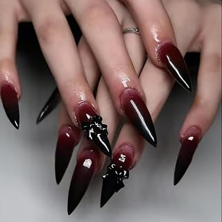 Halloween Nails Press ons Red Fake Nails Long Stiletto False Nail Blood Ombre Glue on Nail with Bow Design Glossy Full Cover Artificial Acrylic Horror Stick on Nail for Women Girls Manicure 24Pcs