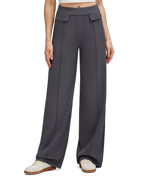 G4Free Yoga Pants Women High Waisted Wide Leg Sweatpants with Flap Pockets Comfy Front Seam Dressy Casual Work Trousers(Dark Grey,XL,Regular) by G4Free - Image 2