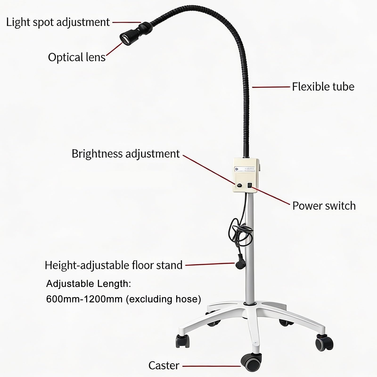 Bezcieniowa Lampa Medyczna LED do Badań, Obrotowa o 360°, Regulowana Wysokość, Mobilna Lampa Pomocnicza do Gabinetów Stomatologicznych i Klinik