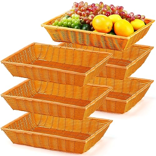 Tioncy 6 Pack Poly Wicker Baskets, 16 Inch Imitation Rattan Woven Bread Baskets Rectangle Stackable Basket for Kitchen Restaurant Tabletop Display Outdoor Picnic Food Fruit Vegetables Bread Serving
