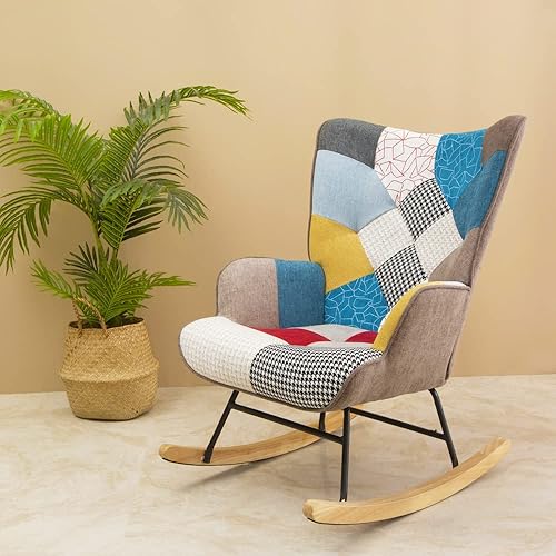 Mecedora de mediados de siglo silla basculante de lino de retazos sillón de oficina tapizado de tela individual con patas de madera maciza sillón