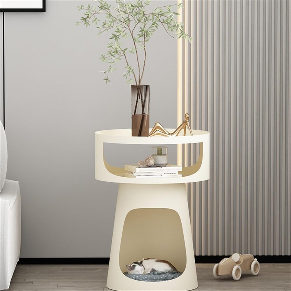 tavolo da soggiorno Tavolino rotondo creativo in metallo, tavolino da caffè a doppio strato, tavolino da divano for balcone, comodino for camera da letto, cuccia for gatti Piccolo Tavolino(Bianco)