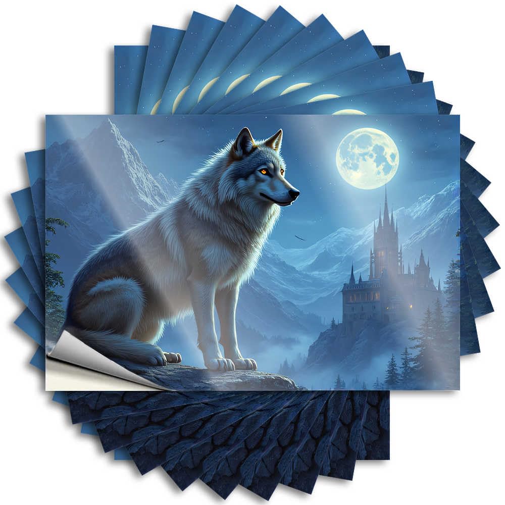 Cheap Stickers Aesthetic Decals, Desk Decor for Men Cute Pattern Design for Essentials Notebook | Hard Removable Vinyl Wolf Guardian in Moonlit Mountains(12X18CM)