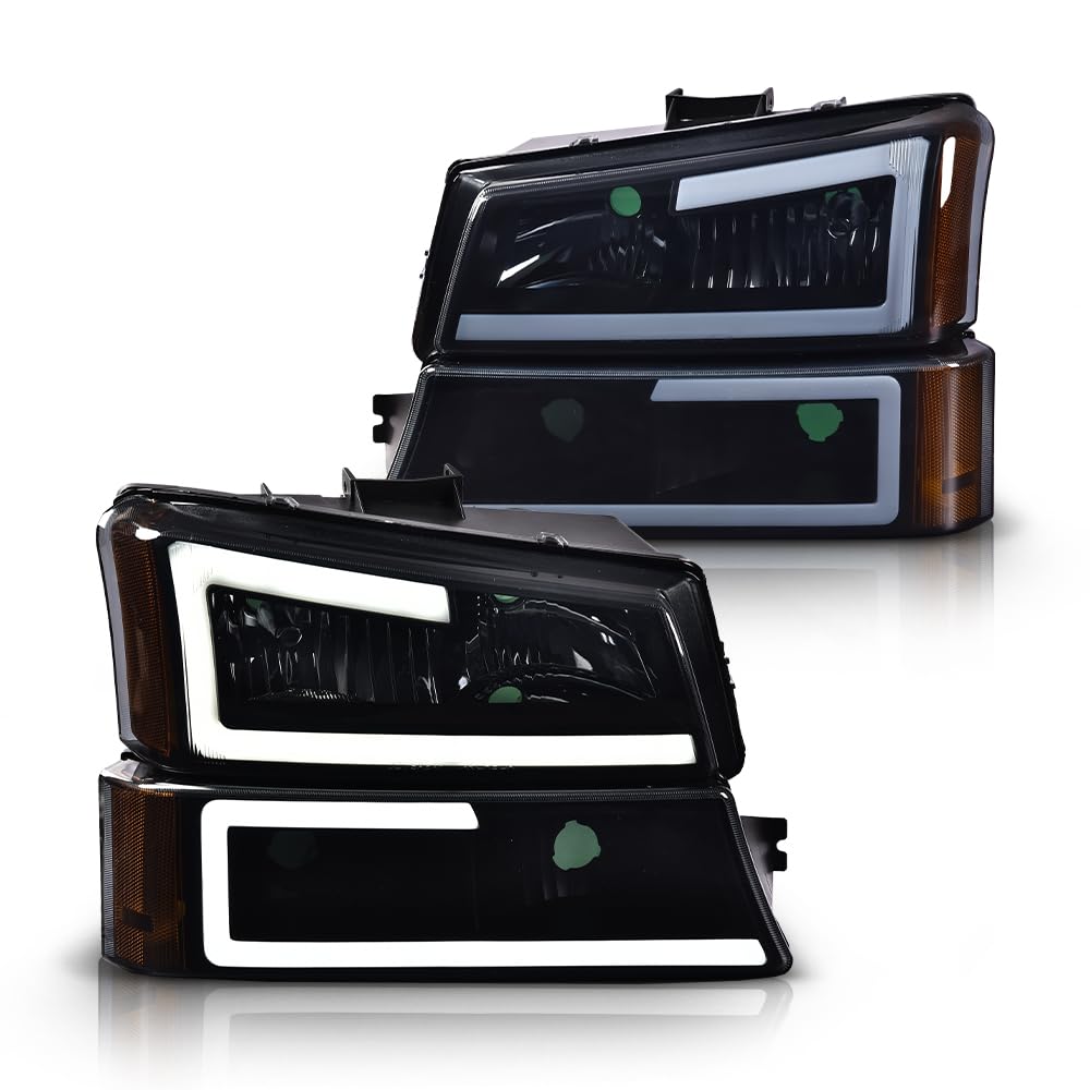 G-PLUS LED DRL Headlights, Compatible with Chevy Avalanche 1500 2500 2003 2004 2005 2006 Bumper Headlamps Clear Lens Black Housing Amber Reflector