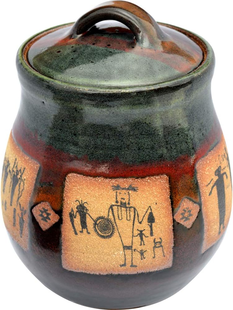 ALWAYS AZUL POTTERY Small Canister in La Fonda Design and Moonscape Glaze - Handmade Ceramic Pottery Canister - Traditional Polished Jar with Lid - Storage for Coffee, Candy, Sugar, Tea Bags, and More