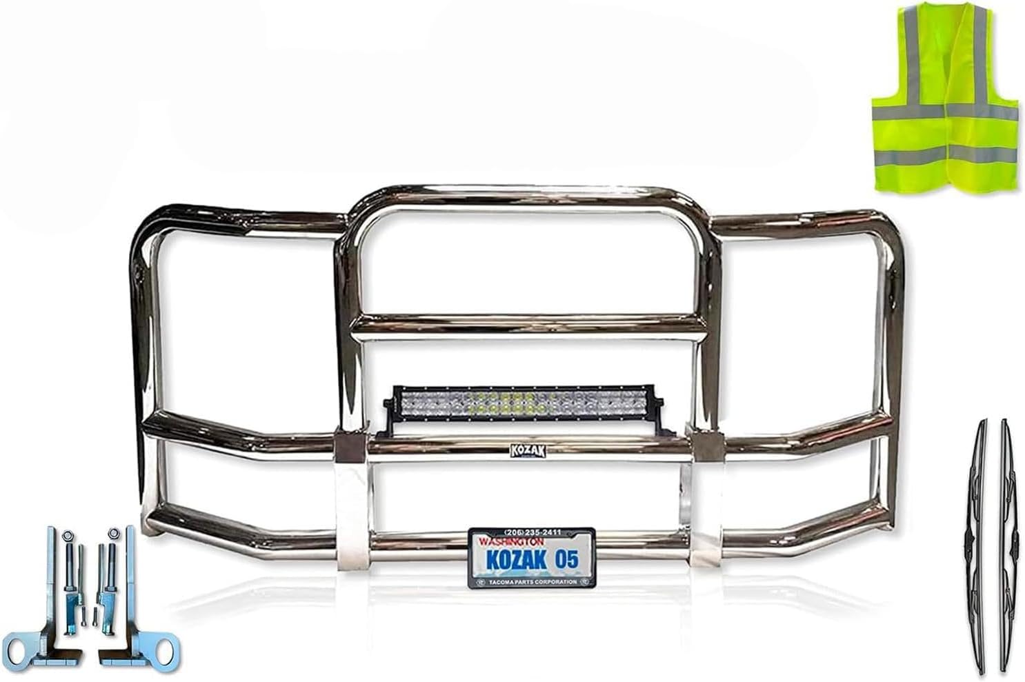 Full Front Bumper Grille Deer Moose Brush Guard Compatible with Kenworth T660 - Chrome Square - 22" LED Bar, License Plate Holder, Bracket, Logo, Wipers, KOZAK Vest Included