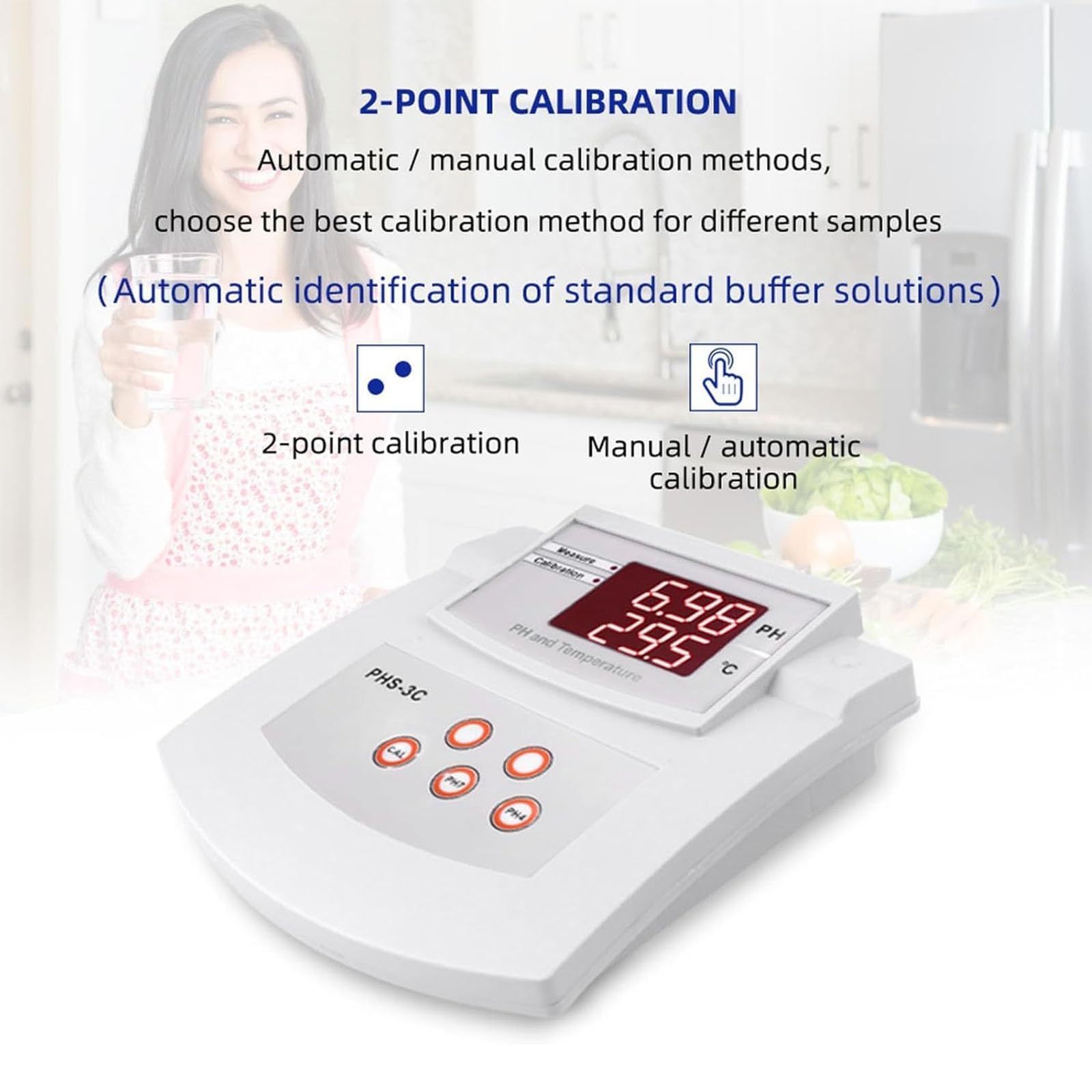 Misuratore di pH da laboratorio da tavolo, misuratore di pH da tavolo con calibrazione automatica dell'acidità, misuratore di acidità da tavolo con calibrazione automatica, precisione di pH ±0,01, cal