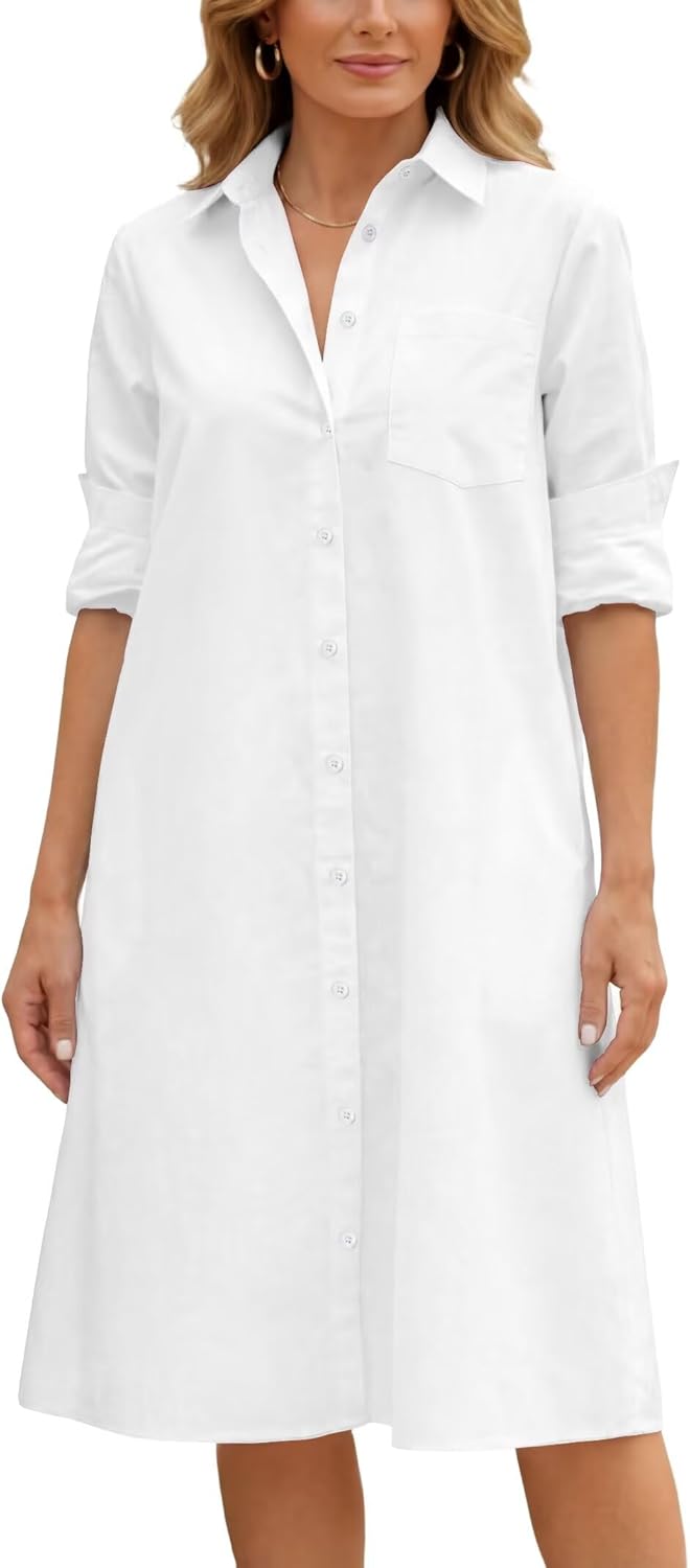 Choichic Shirt Dresses for Women Casual Long Sleeve Button Down Shirts A-Line Midi Shift Tunic Dress with Pockets - Image 5
