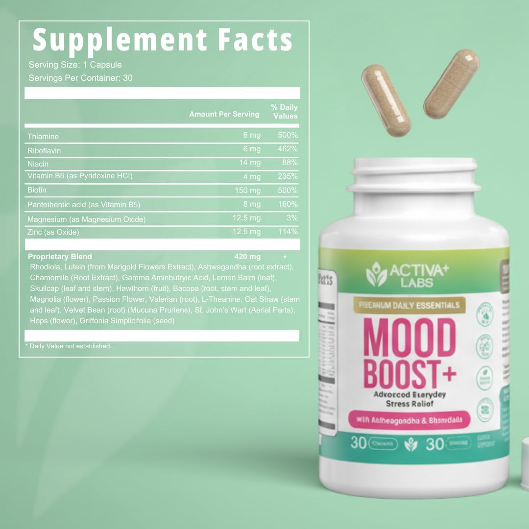 Mood Boost | 24-in-1 B-Complex & Zinc | Calm Support & Stress Relief Supplement with Ashwagandha, L-Theanine & GABA | Natural Mood, Energy & Resilience | Non-GMO, Vegan | 60 Day Supply
