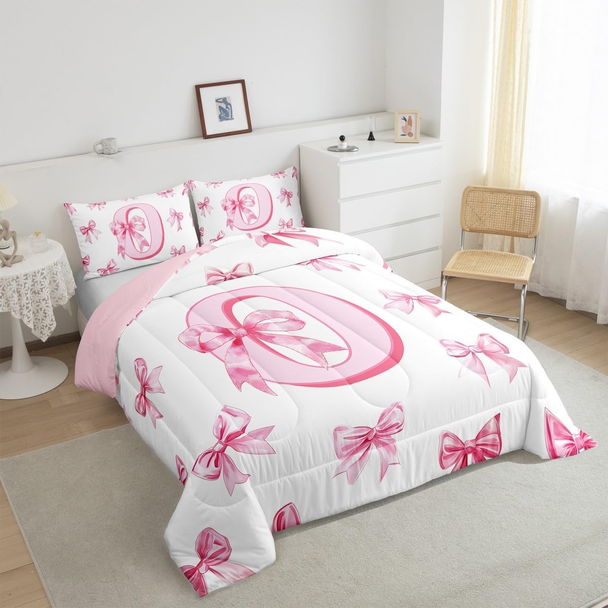 Erosebridal Dreamy Princess Bowknot Girls Toddler Bedding Set Kids Pink Initial Letter O Bedding Comforter Sets Cute Kawaii Letter Bow Comforter Set Romantic Chic Bowknot Quilt Duvet 2 Pcs
