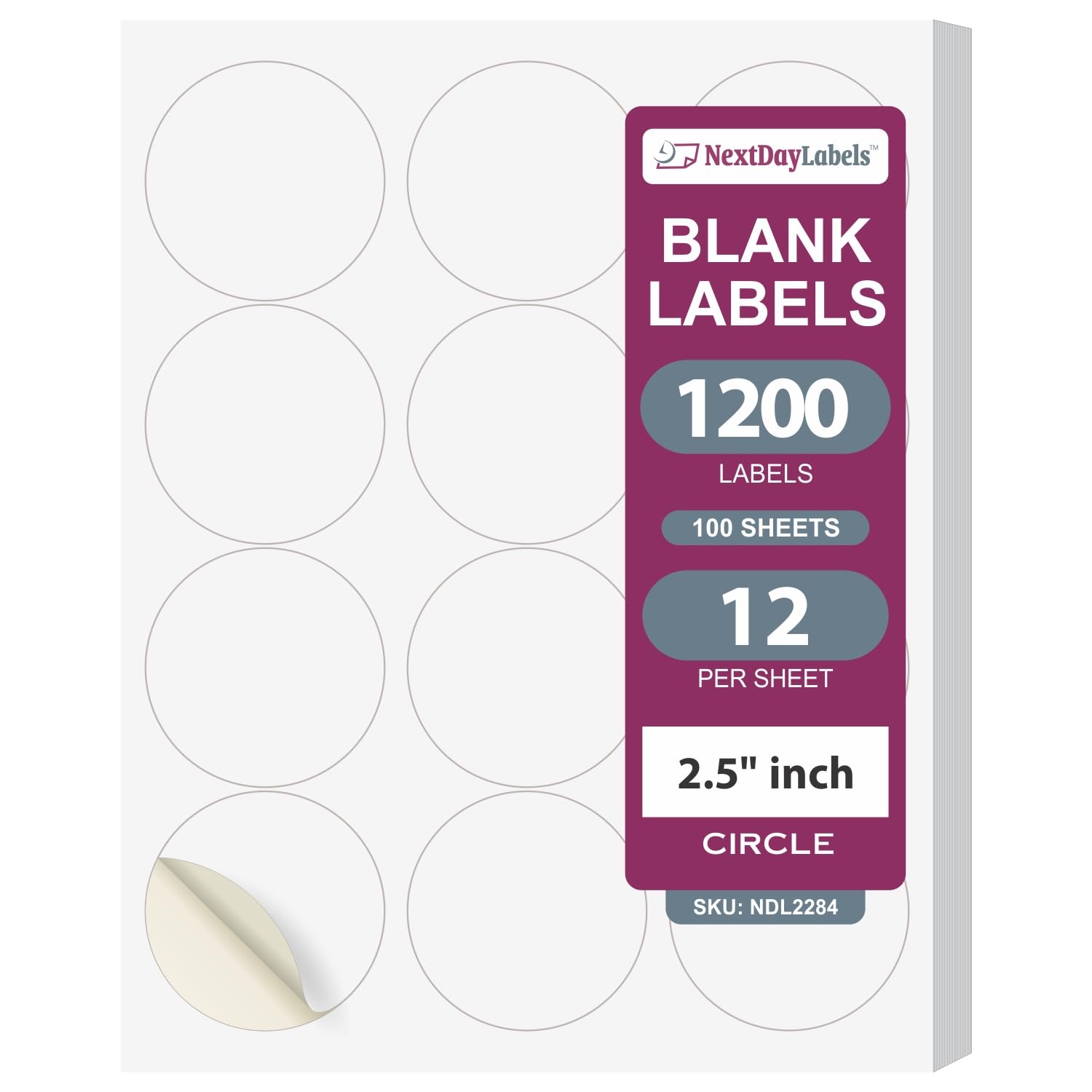 NextDayLabels 2.5 Inch Round Stickers for Printer - Matte White Blank Laser/Inkjet Printable Circles - 100 Sheets, 12 Per Sheet, 1200 Labels