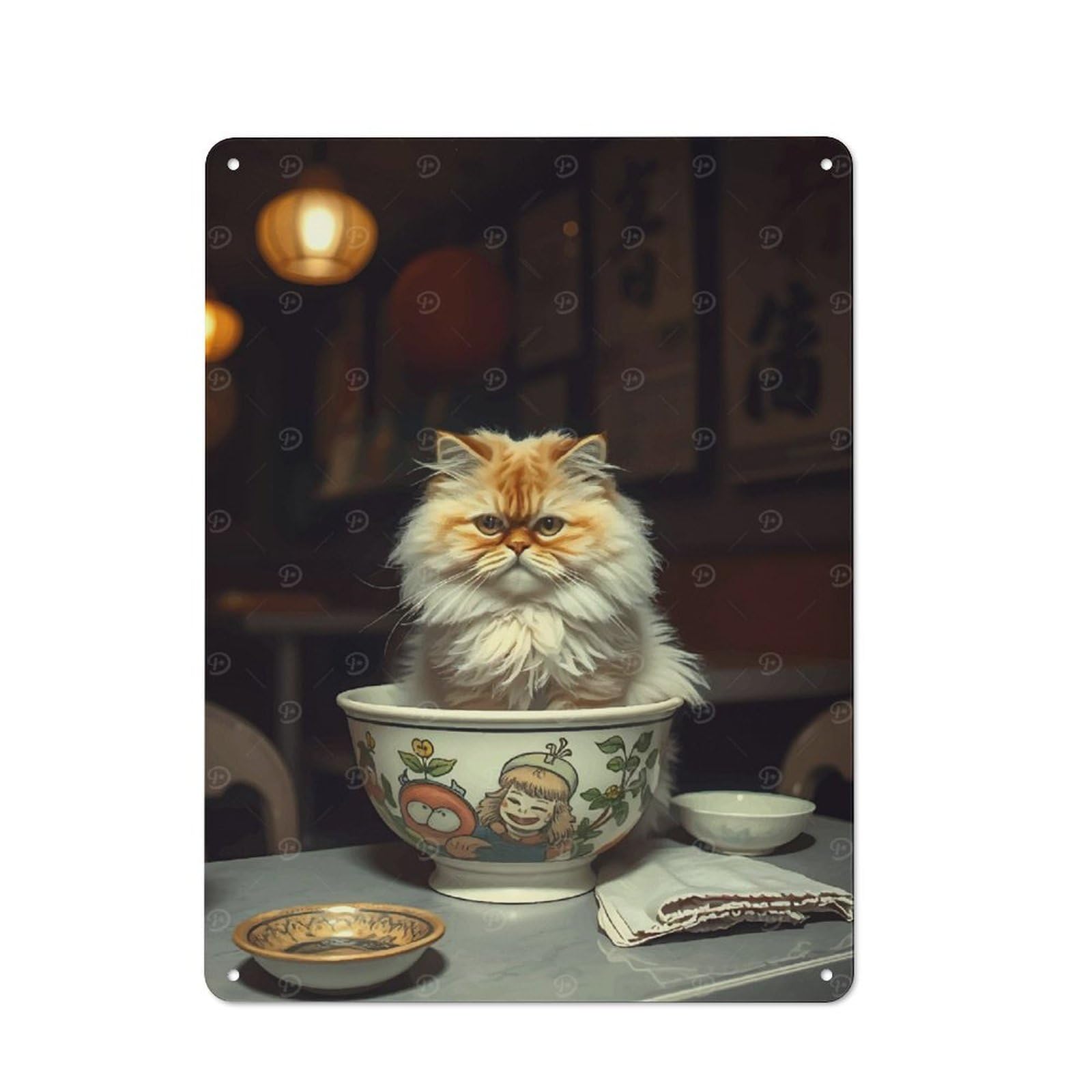 Junmoney Cat In Bowl With Asian Decor Vintage Metal Sign With Design 40X30cm, Vintage Bar Wall Plaque For Cafe, Pub, Workshop Or Home Bar