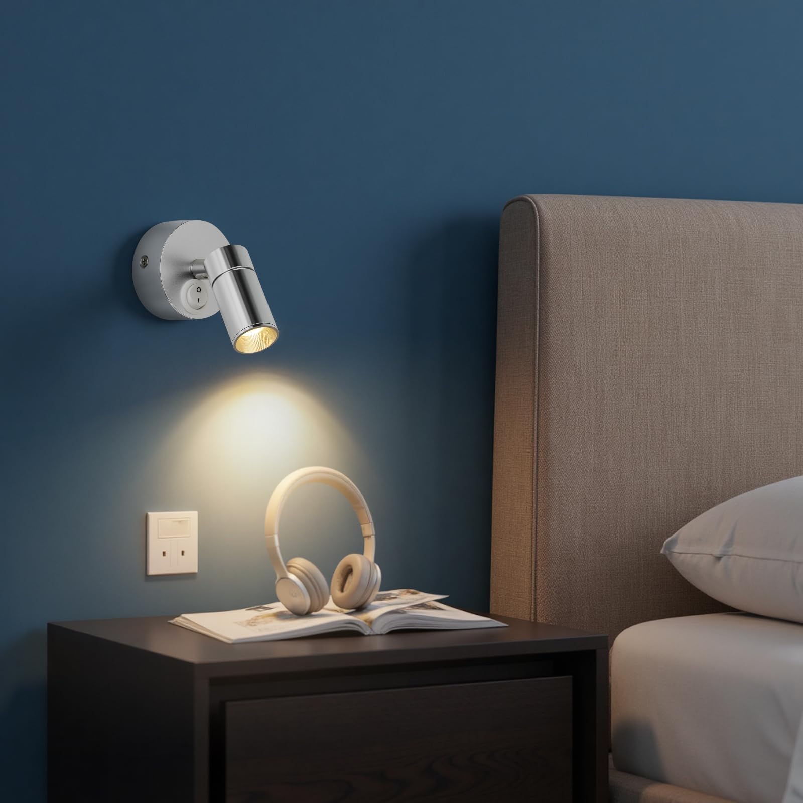 ERWEY 2 pezzi LED lampada da parete per interni, leggere lampada da parete 3W bianco 3000K luce da letto rotante con interruttore per camera da letto bagno corridoio, argento