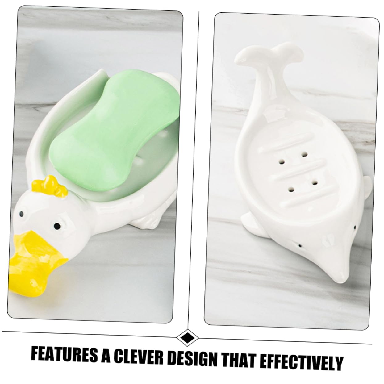 Jabonera de Cerámica Animal Marino Blanco 2 Piezas para Baño | Autodrenaje, Soporte para Esponja y Joyas, Decoración de Aseo, Obsequio de Inauguración