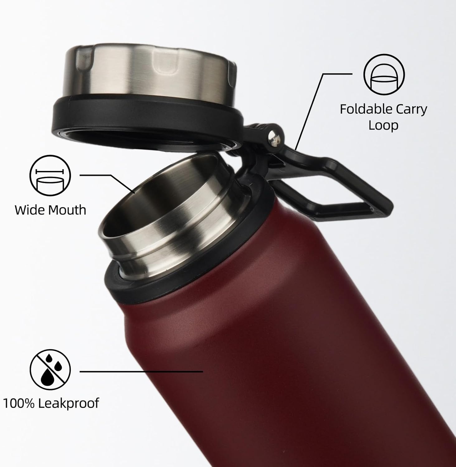 BJPKPK 32oz Insulated Water Bottle with Handle BPA Free Stainless Steel Travel Thermal Flask Reusable Large Water Bottle,Deep Red - Image 3
