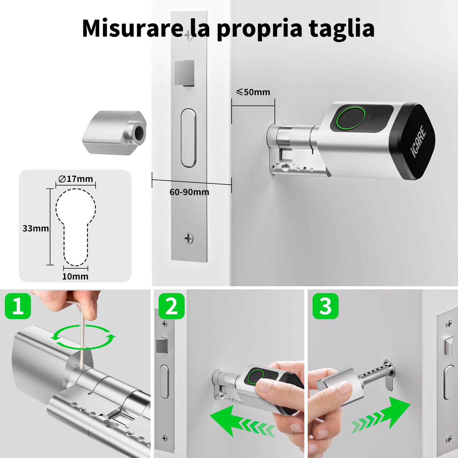Serratura connessa, serratura biometrica con cilindro a codice, compatibile con cilindri da 60 a 90 mm(30/30,45/45), utilizzabile con Bluetooth, App, impronta digitale e chiave per aprire il blocco