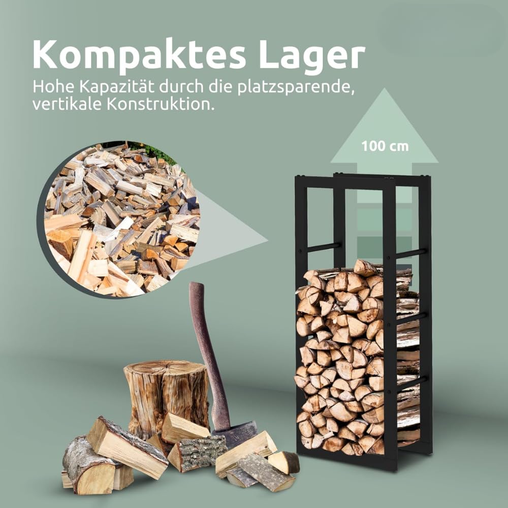 DELUKE Kaminholzregal innen Metall KEOP | Schwarz | 40x25x100cm | Brennholzregal Inkl. Ofenhandschuh | Feuerholzregal Kaminholzhalter Holzständer Holzhalter Holzlager