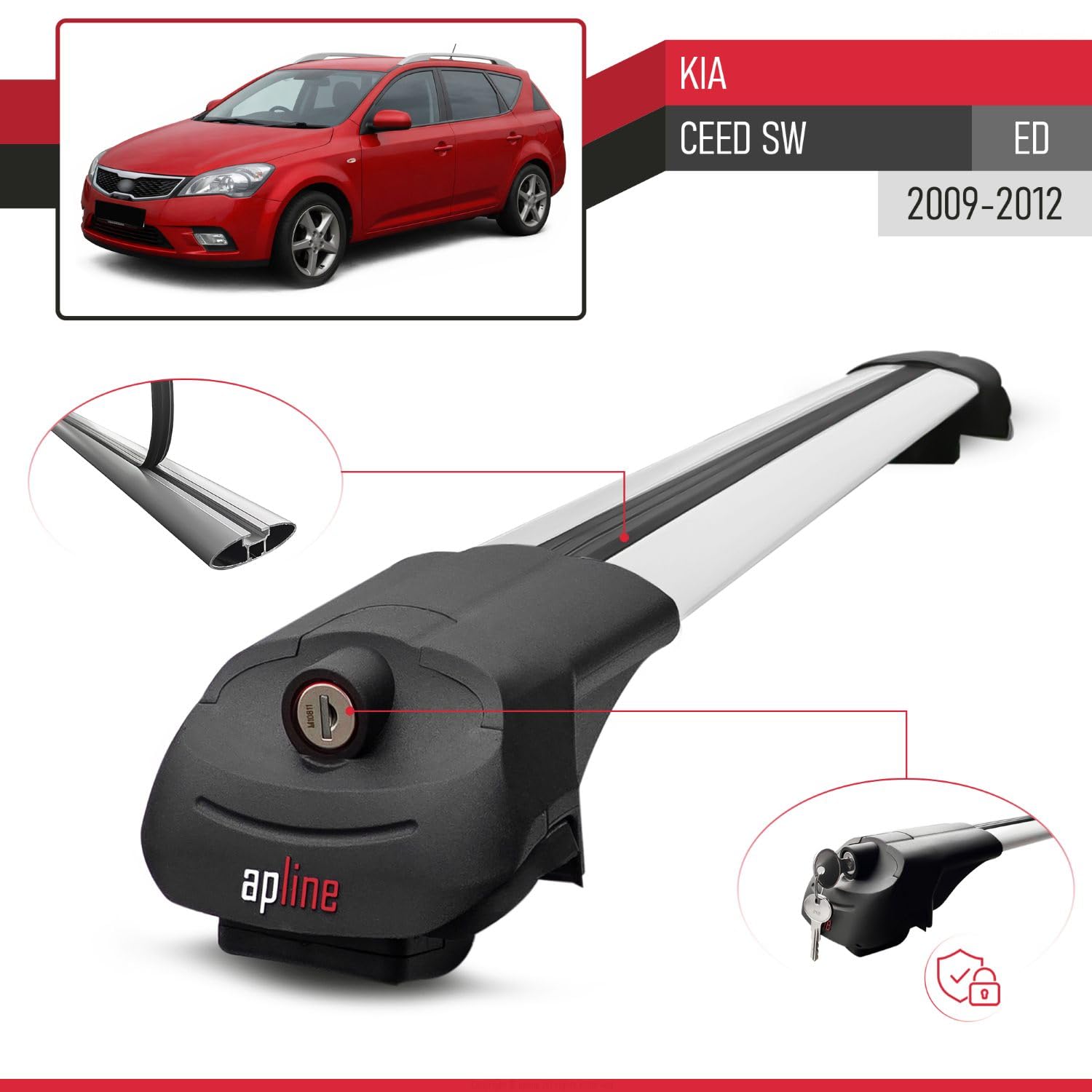 Kompatybilny z Kia Ceed (ED) SW Post-Facelift 2009-2012 ACE-1 Model Aluminiowy bagażnik dachowy – 2 poprzeczki, szary