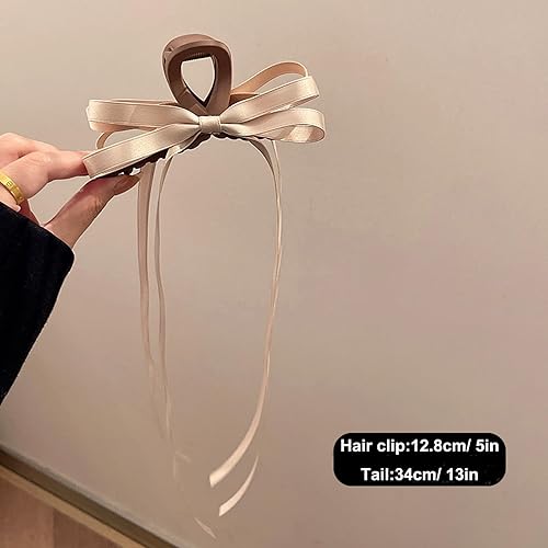 Miniatura 4 de Pinza para el cabello con lazo y cola larga, paquete de 2, pinzas grandes para cabello grueso para mujer, accesorios para el cabello largo (marrón y