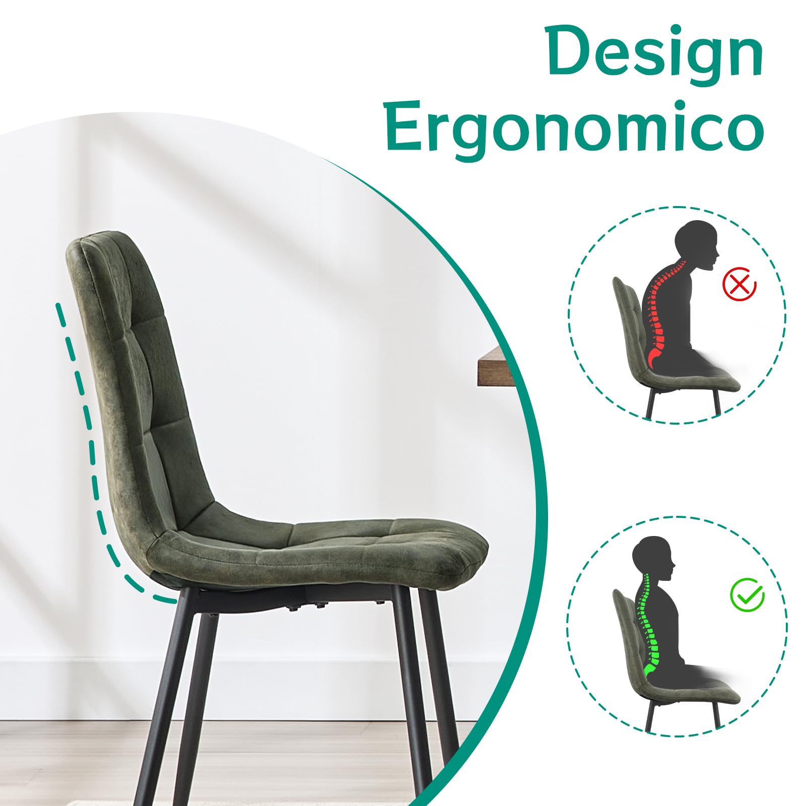 JIJIAN Set di 4 Sedie Sala da Pranzo, Sedie da Cucina in Tessuto Tecnologico, Sedie imbottite per Soggiorno con Gambe in Metallo Nero, Adatte per Sala da Pranzo, Sala d'attesa, Verde Oliva