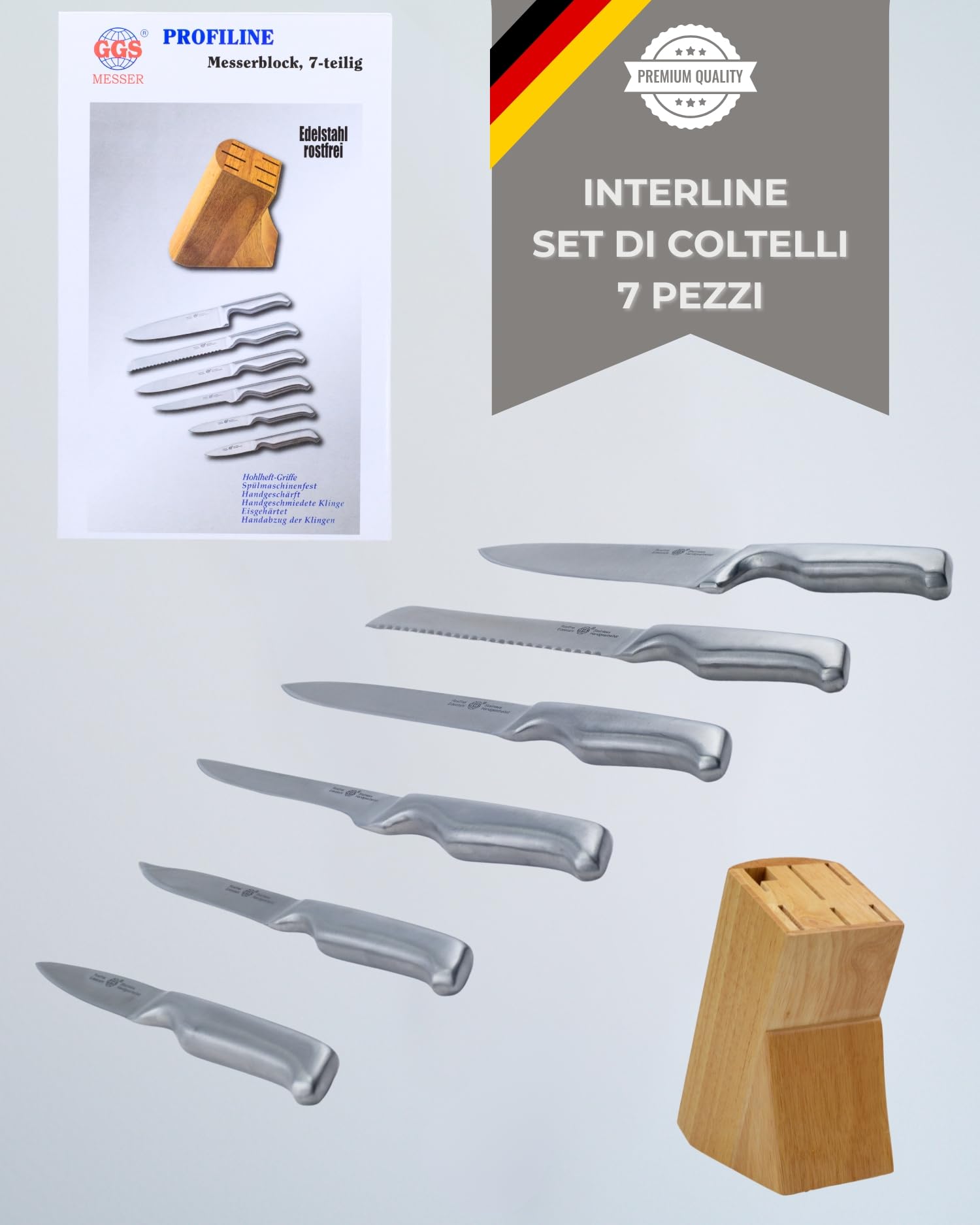 GGS Set Coltelli Cucina con Ceppo Portacoltelli 7 Pezzi – Acciaio Inox Monoblocco Senza Giunzioni, Temprati a Ghiaccio, Lavabili in Lavastoviglie, Impugnatura Ergonomica in Acciaio, Coltelli multiuso