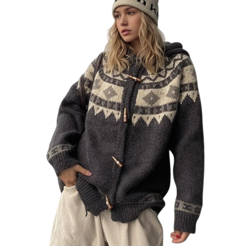 Nordic Fair Isle Hooded Cardigan Thick Knit Toggle Button Sweater Jacket Loose Couple Oversized Winter Outwear