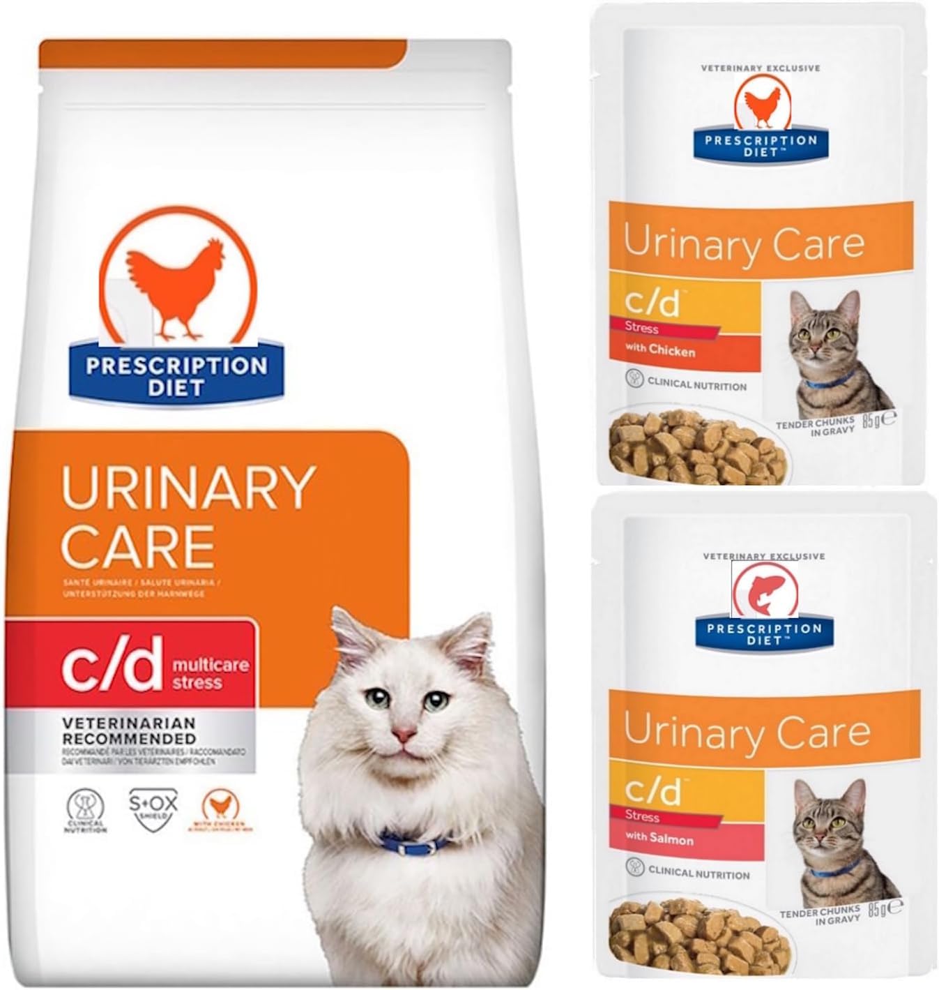 Diet Feline c/d Multicare Stress Urinary Care Cat Food - Chicken 1.5kg and c/d Multicare Stress Urinary Care Chicken pouch and Salmon pouch