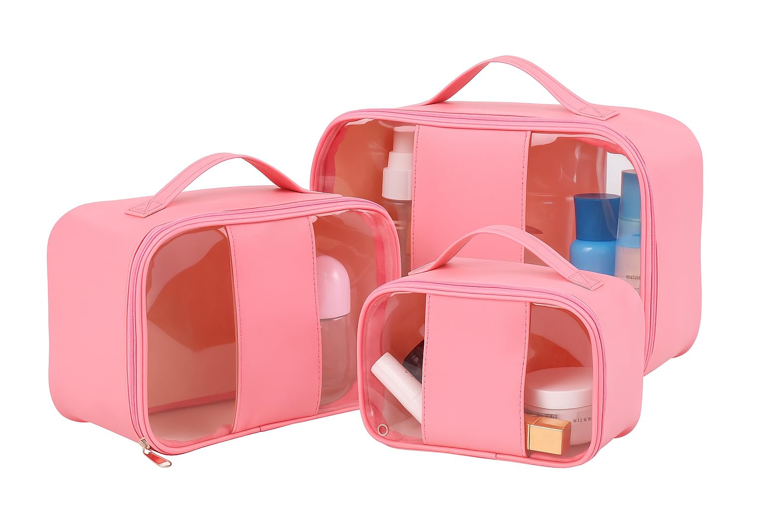 3-Piece Pink Transparent Travel Pouch Set; Makeup Organizer Bag; Waterproof Toiletry Bag for Women; Cosmetic Storage Pouch; Multipurpose Travel Kit, Waterproof Toiletry Storage Kit-image-36