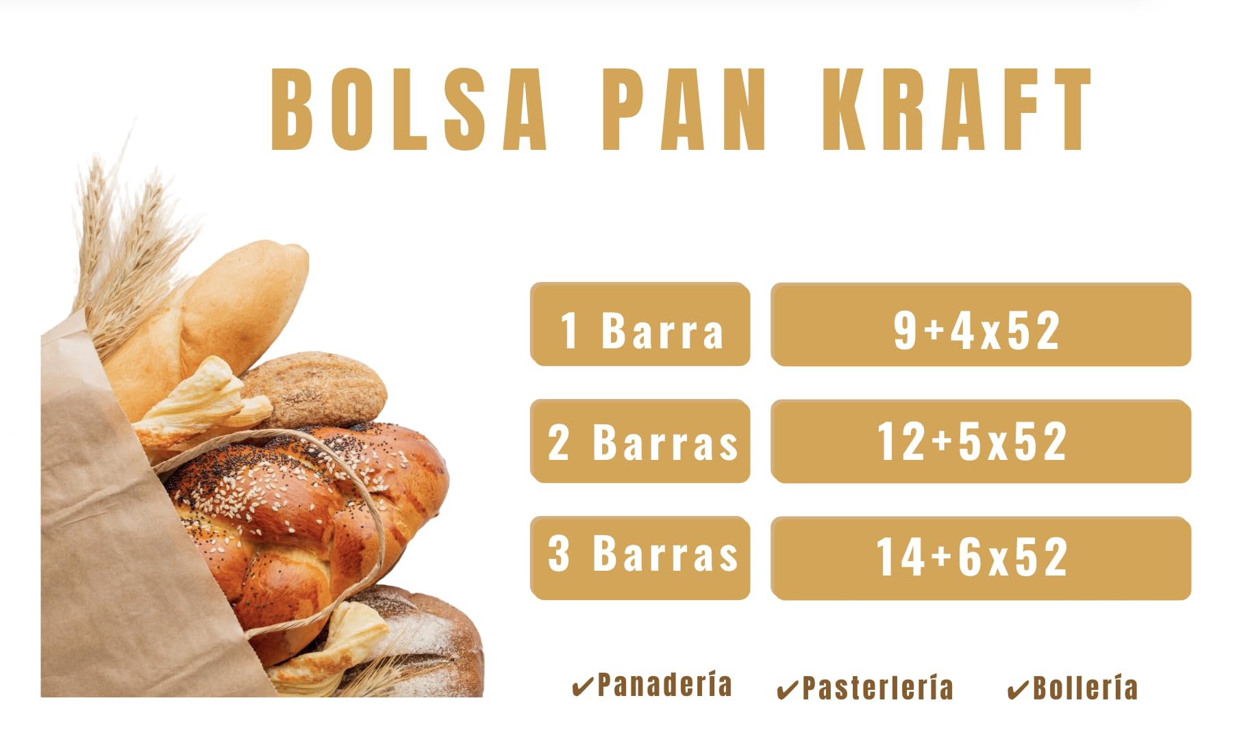 Bolsas de Papel Kraft para Pan 1.000 Uds, Tamaño 9x4x52 CM para 1 Barra, Ecológicas, Resistentes y Biodegradables, Bolsas Profesionales para Panadería y Alimentación