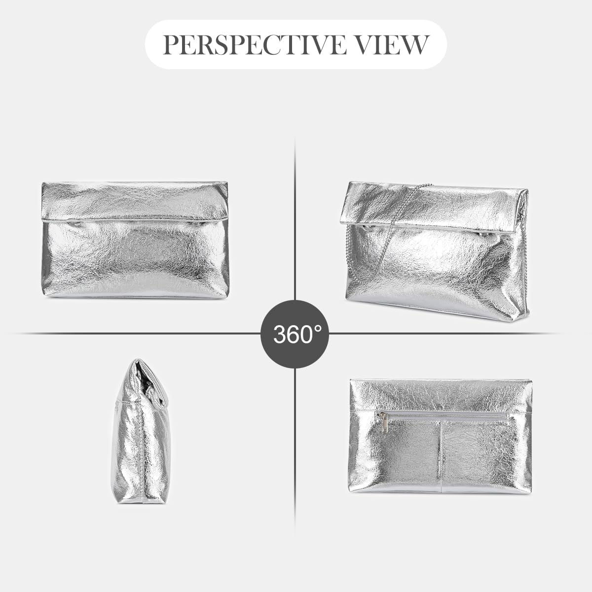 Women's Evening Clutch Bag Metallic Crinkled Leather Clutch Purse, Fold-over Handbag Envelope Purse