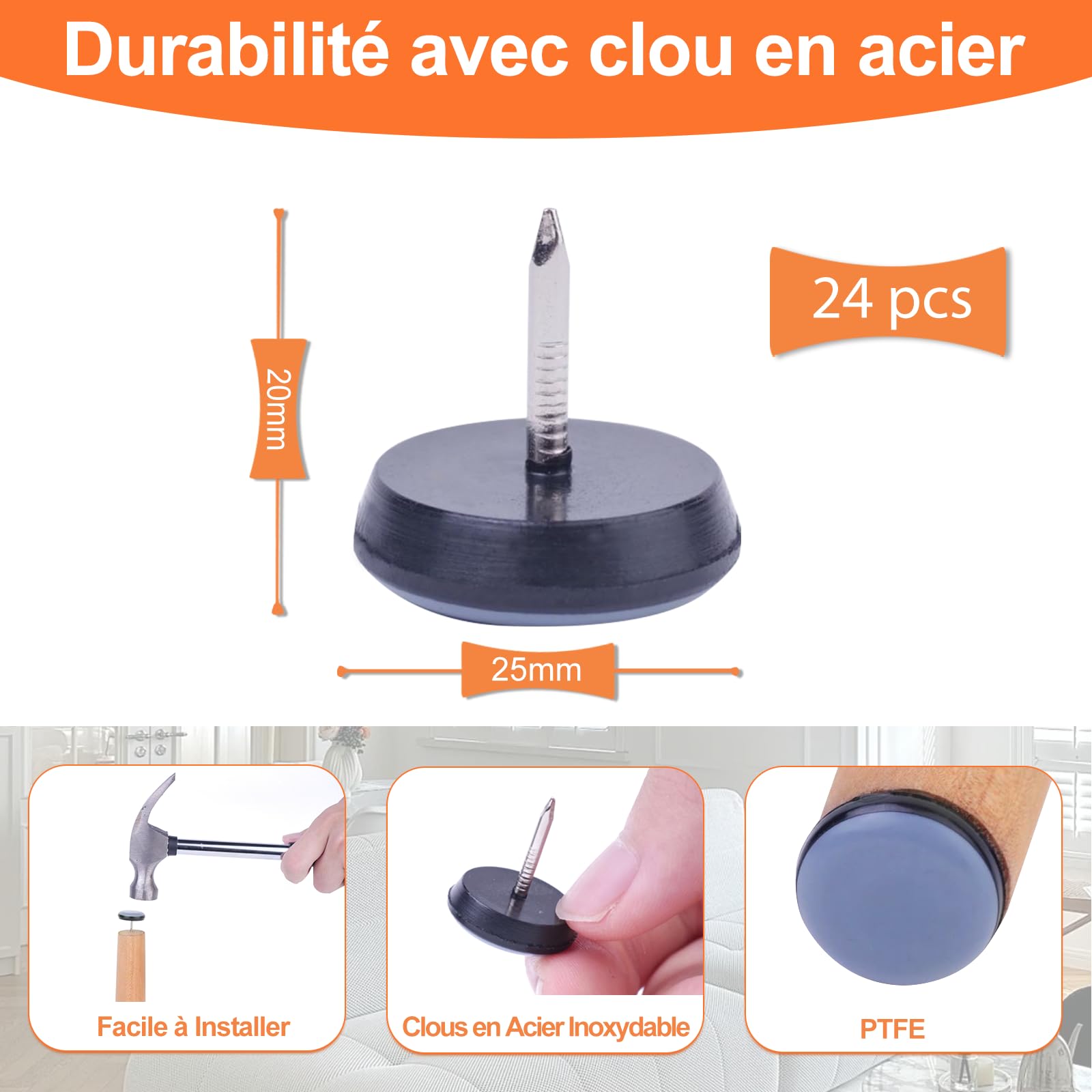 VABNEER Feltrini Teflon per Mobili con Chiodo, 24 Pezzi 25mm Cuscinetti Scivoli in PTFE, per Spostare Mobili Pesanti su Pavimenti Duri e Moquette