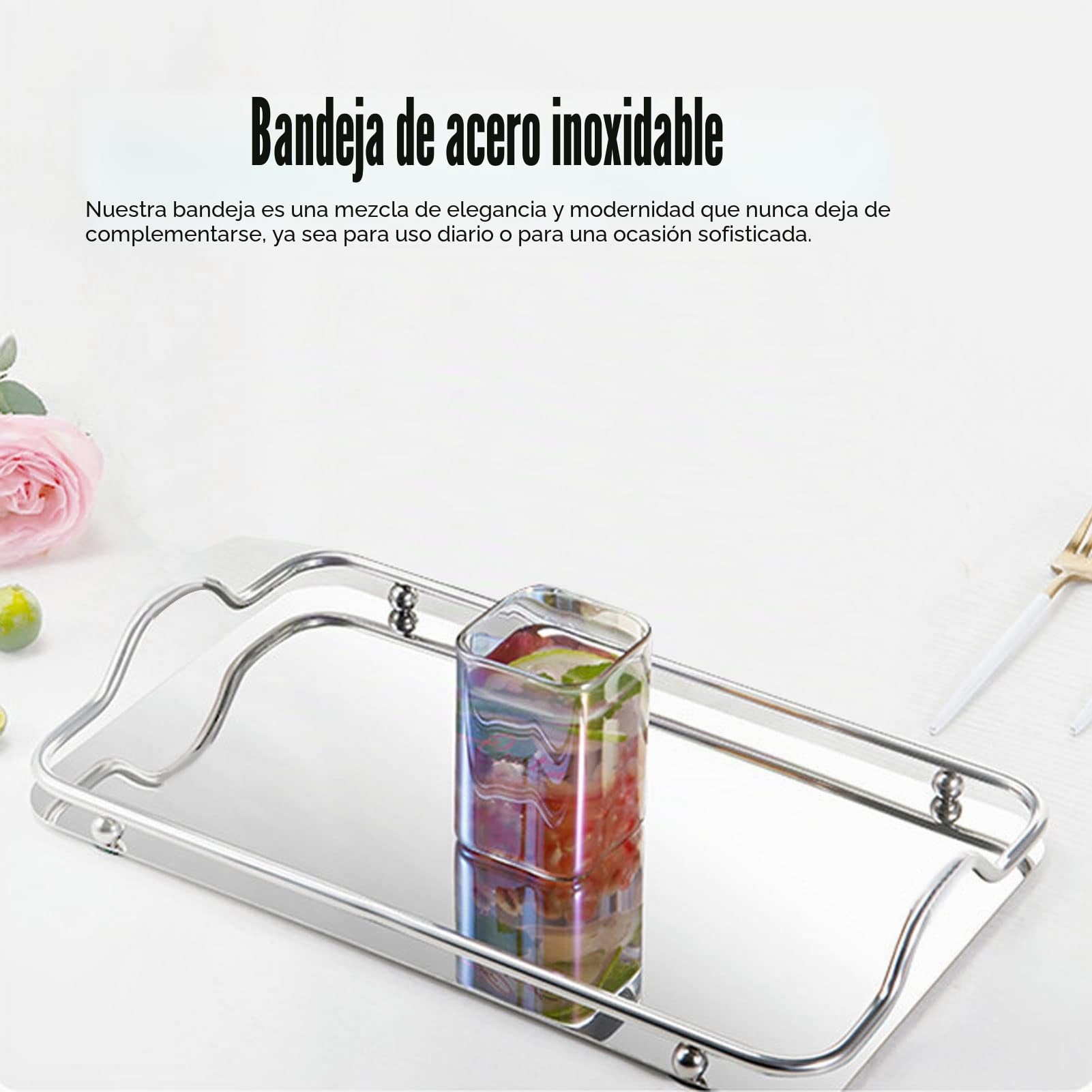 Bandeja de servir, Elegante Bandeja Rectangular de Acero Inoxidable con Asa para Té, Café y Postres, Centro de Mesa Decorativo, 30x20 cm, para Cena, Bar o Cocina